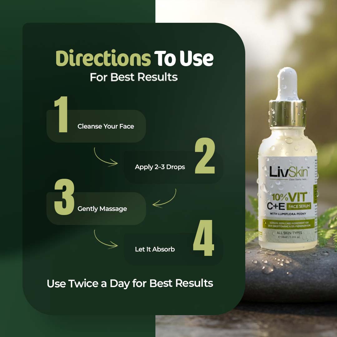 LivSkin 10% Vitamin C + E Face Serum with Lumiflora Peony (30ml)