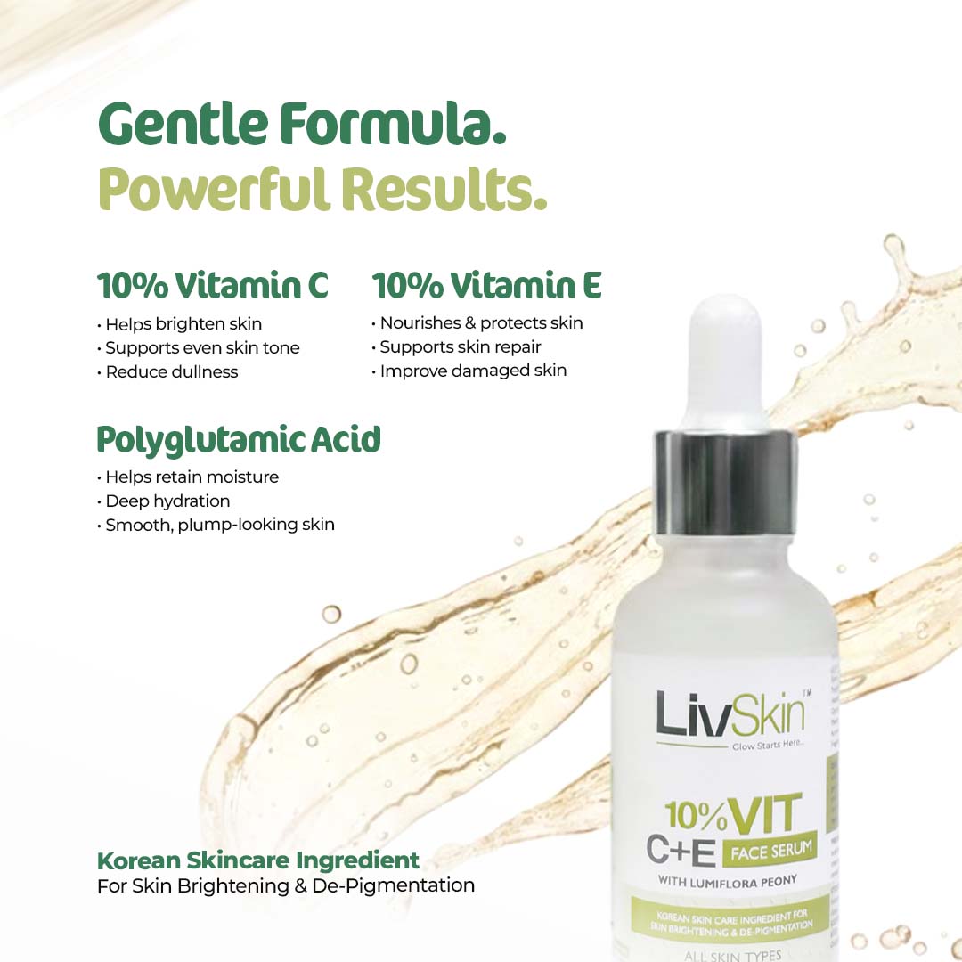 LivSkin 10% Vitamin C + E Face Serum with Lumiflora Peony (30ml)